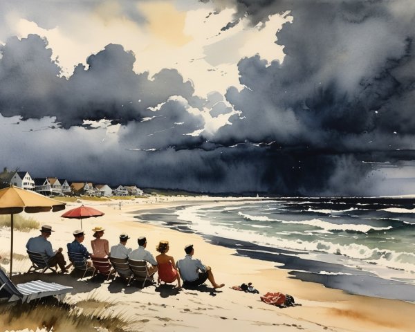 Watercolor Beach Scene with People and Dramatic Sky