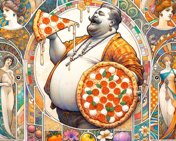 Portly man with pizza in vibrant Art Nouveau setting