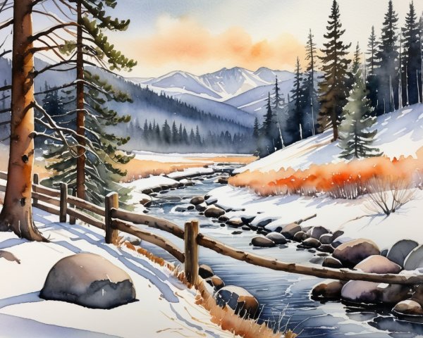 Winter Landscape with River and Evergreen Trees