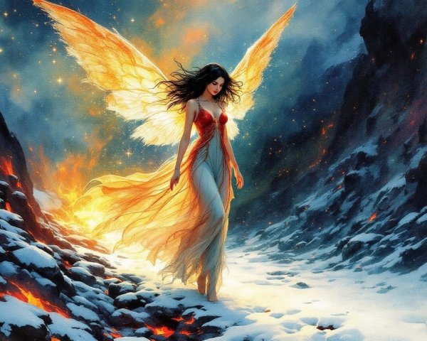 Mystical Figure with Luminous Wings in Fire and Ice
