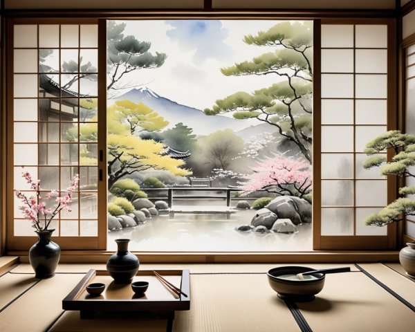 Serene Japanese Interior with Garden and Traditional Elements
