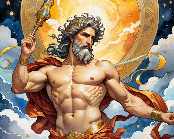 Muscular Mythological Figure in Regal Cloak and Light