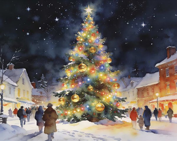 Winter Village Square at Night with Christmas Tree