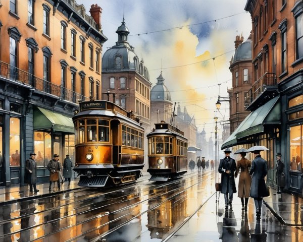 Vintage Trams on Cobblestone Street with Elegant Architecture