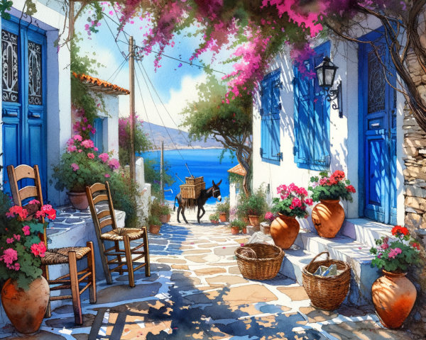 Mediterranean Village with Cobblestone Streets and Sea