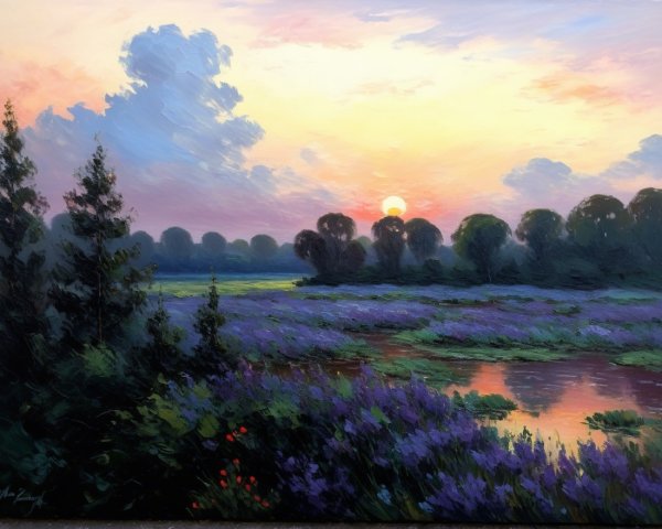 Tranquil Sunset Over Lush Riverbank Landscape