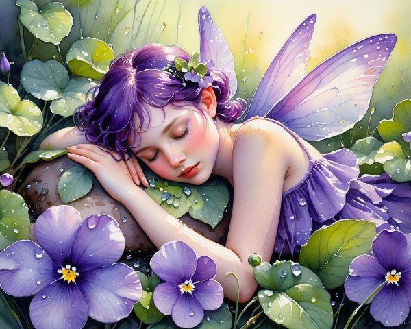 Serene Fairy with Purple Wings Among Green Leaves