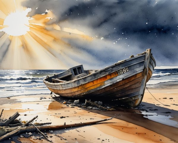 Weathered Boat on Sandy Shore with Dramatic Lighting