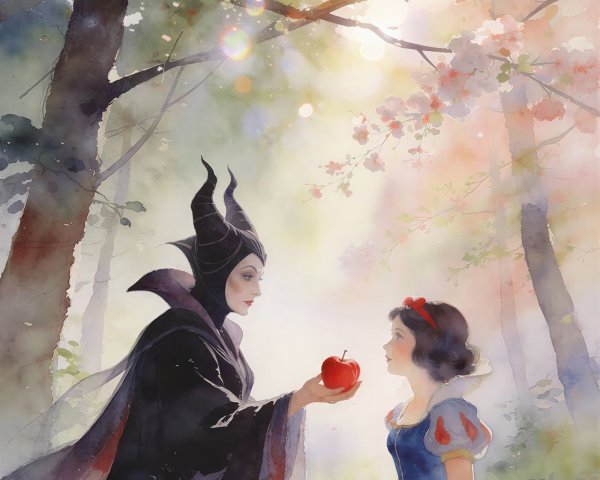 Watercolor Painting of Wicked Queen and Snow White