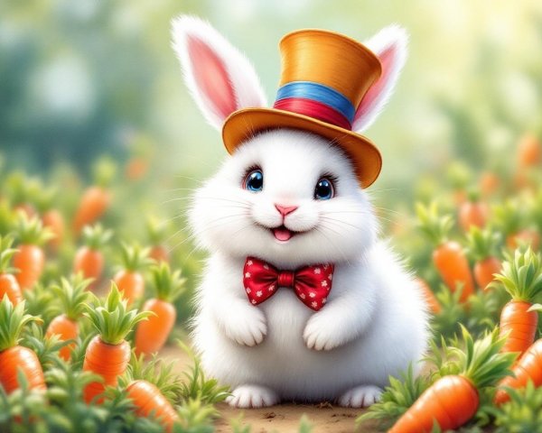 Fluffy White Rabbit in Colorful Carrot Patch Scene
