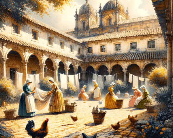 Sunlit Courtyard with Women in Period Dresses and Chickens