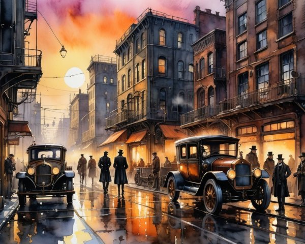 Historic City Street at Dusk with Vintage Cars