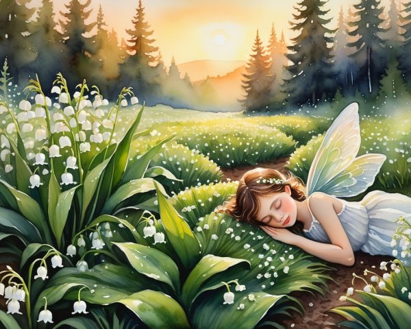 Young fairy resting in a sunlit meadow with lilies