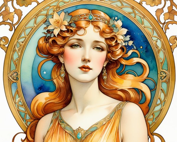 Illustration of a woman with auburn hair and flowers