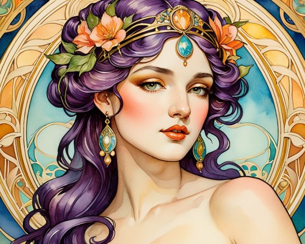 Woman with Purple Hair in Art Nouveau Style