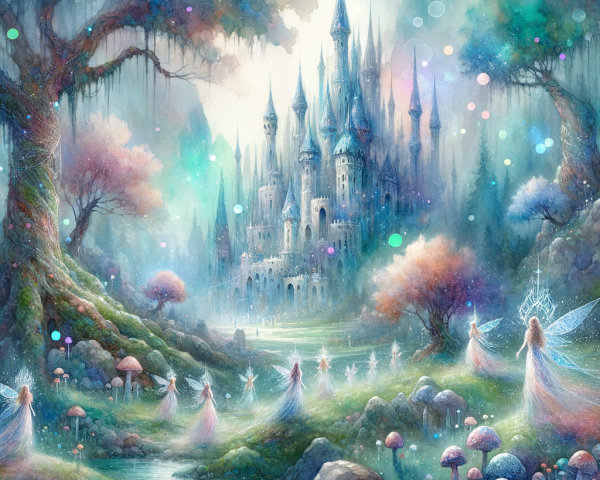 Whimsical Fantasy Landscape with Castle and Fairies