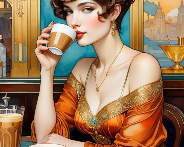 Glamorous Woman in Orange Gown at Lavish Table