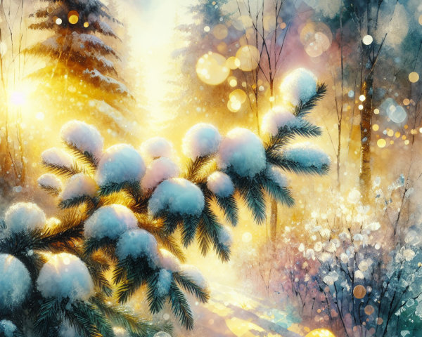 Serene Winter Landscape with Sunlit Misty Forest