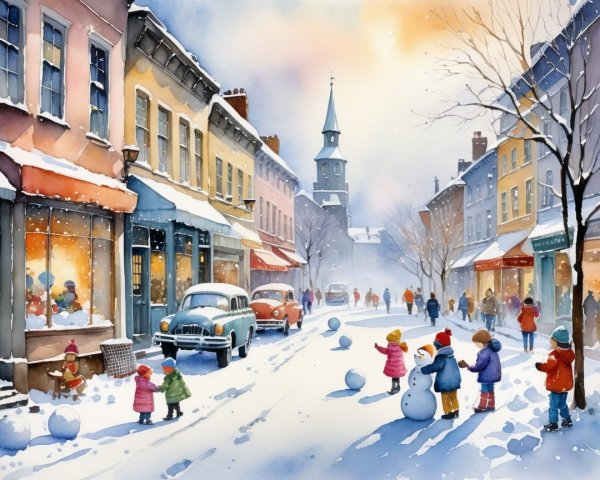 Charming Winter Scene of a Snowy Quaint Street