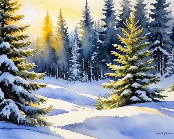 Serene winter landscape with snow-dusted evergreens