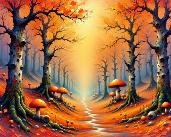 Mystical Forest Scene with Autumn Hues and Mushrooms