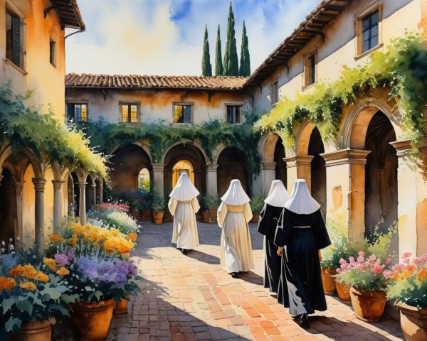 Serene Courtyard with Nuns and Vibrant Greenery