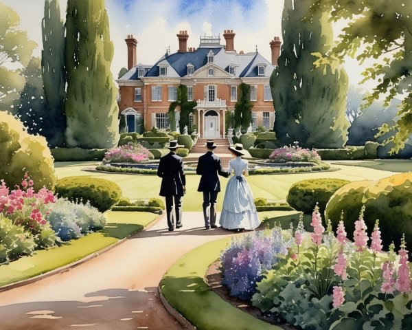 Picturesque Garden with Mansion and Elegant Figures