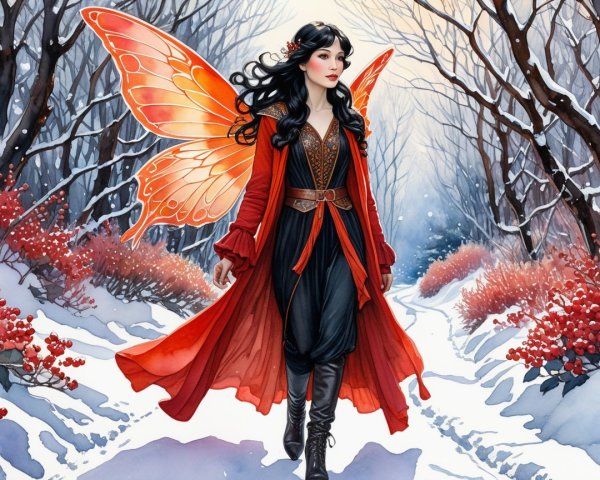 Mystical Figure in Red Coat in Winter Wonderland