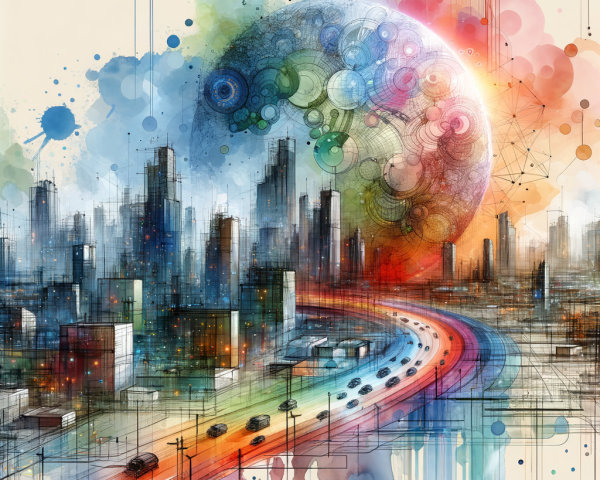 Abstract Cityscape with Colorful Planet Overhead