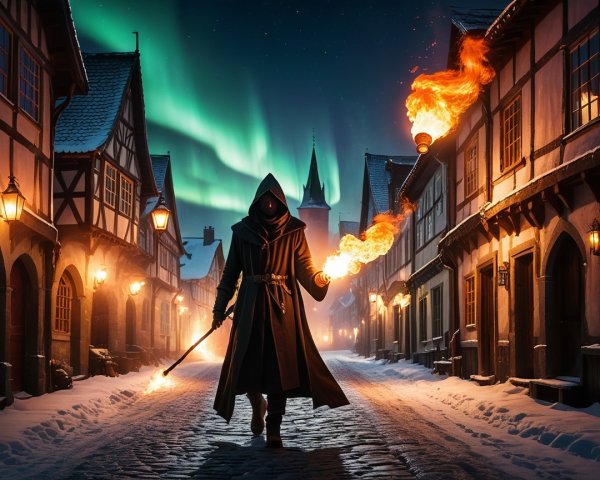 Mysterious Cloaked Figure in Snowy Street with Lanterns