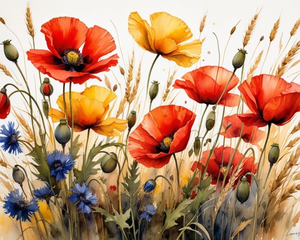 Vibrant Watercolor Bouquet of Poppies and Cornflowers