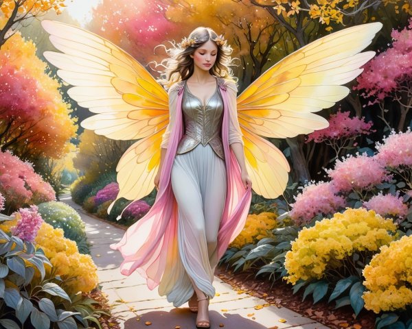 Fairy in Enchanted Garden with Yellow Wings