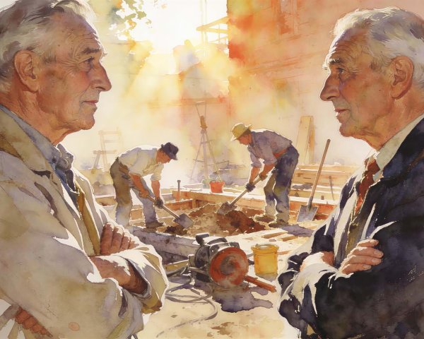 Watercolor Painting of Two Old Men by Construction Site