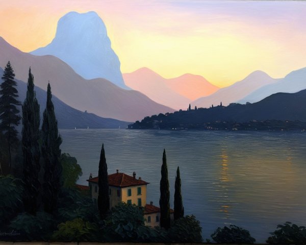 Tranquil Lake Landscape with Majestic Mountains and Sunset