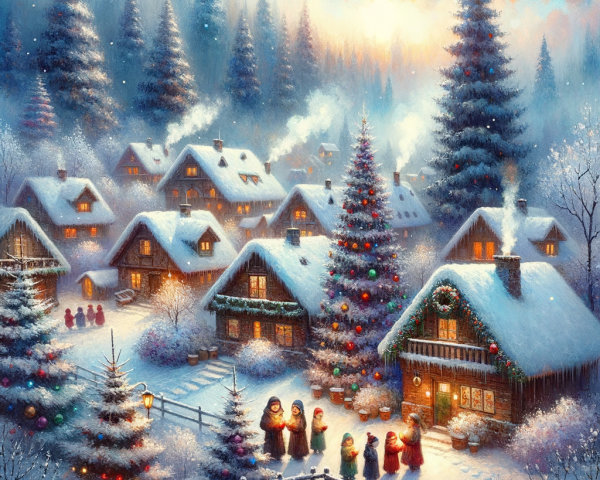 Winter Village Scene with Snow and Christmas Cheer