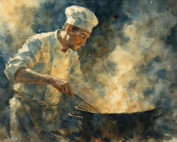 Watercolor Painting of Chef Stirring a Black Pot