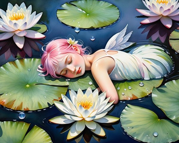 Young girl asleep on lily pad with angelic wings