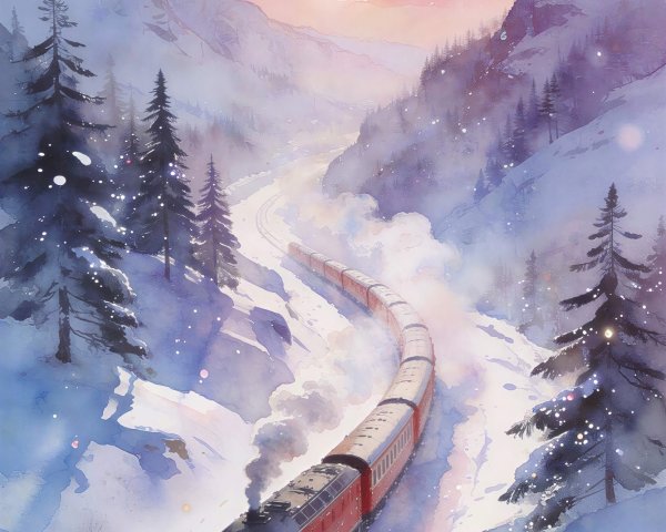 Vibrant Red Steam Train in Snowy Mountain Landscape