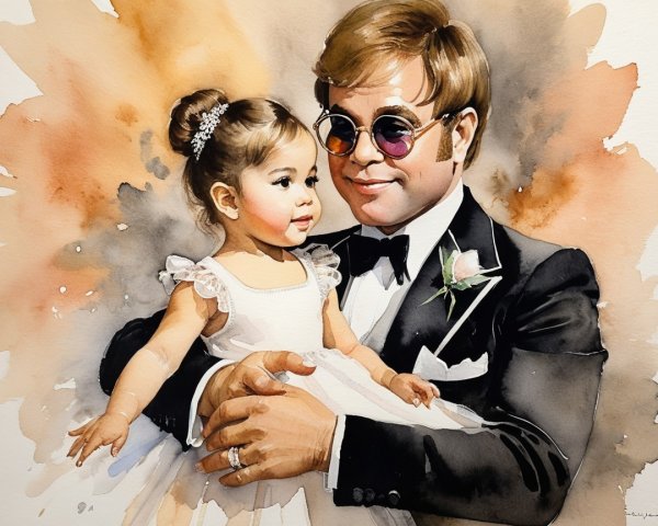 Watercolor Illustration of Man and Girl in Elegant Attire