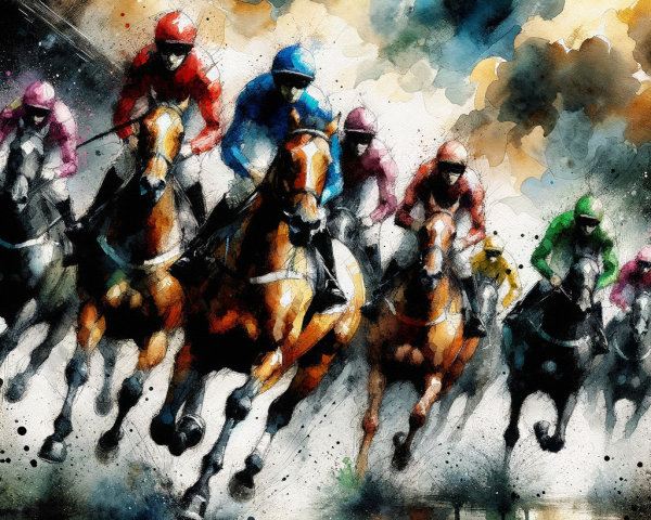 Vibrant Watercolor of a Thrilling Horse Race Scene