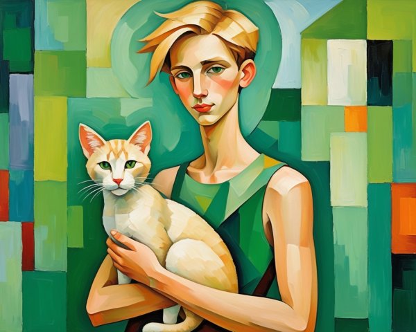 Stylized portrait of a person with a cat in vibrant colors