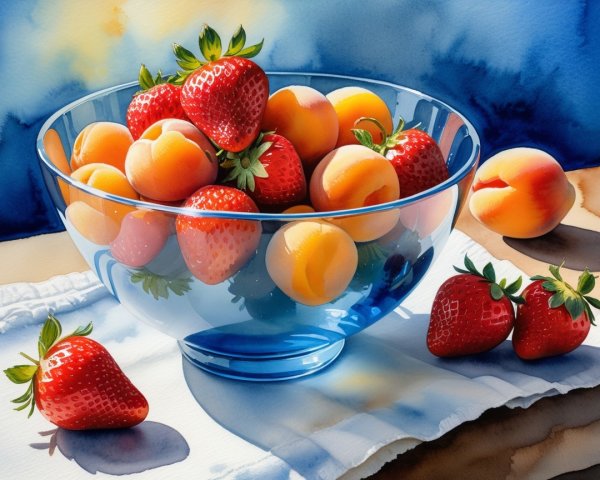 Vibrant Still Life of Blue Bowl with Strawberries and Apricots