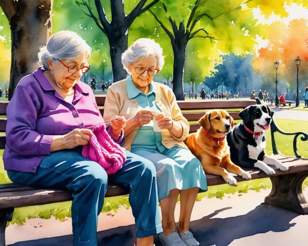 Elderly Women Knitting on a Park Bench with Dogs