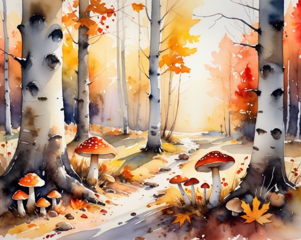 Autumn Forest Scene with Sunlit Birch Trees and Mushrooms
