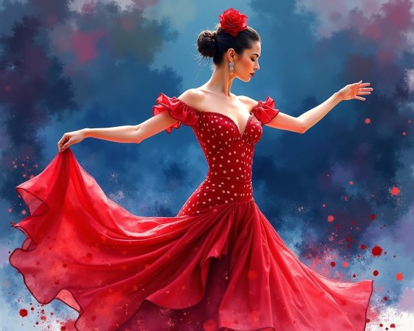 Woman in Red Gown Dancing with Polka Dots