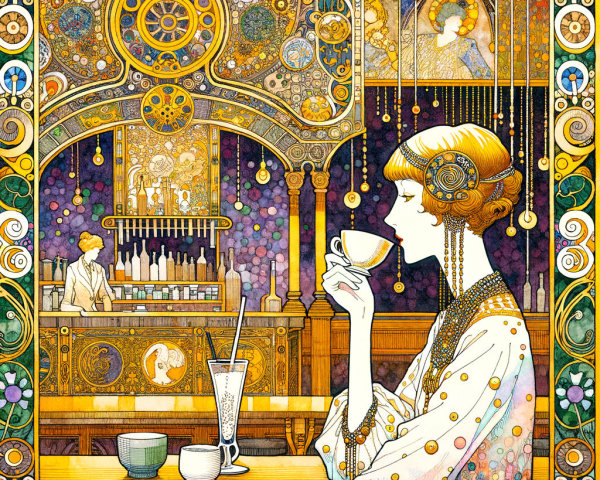 Art Nouveau Café Scene with Elegant Woman and Decor