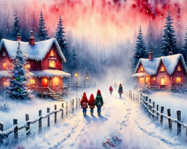 Children in winter attire walk in a snowy landscape