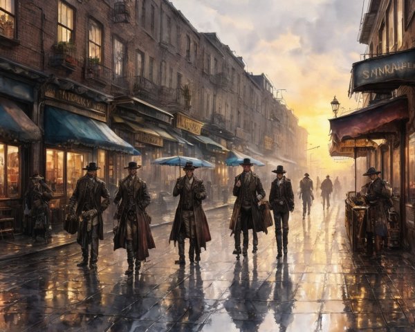 Rainy Dusk Street Scene with Elegant Figures and Cobblestones