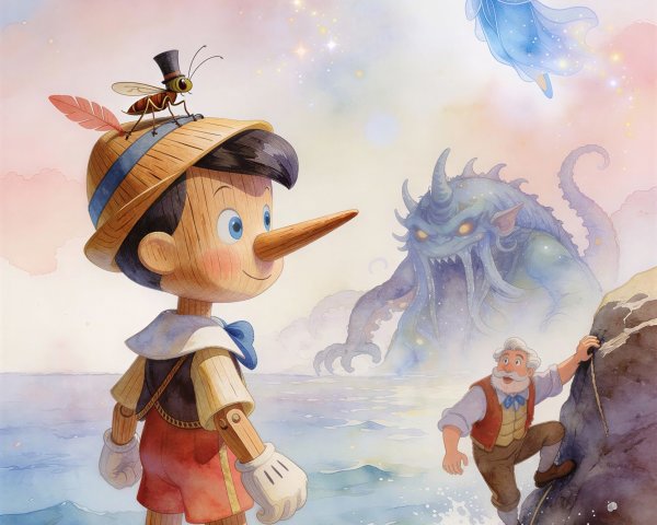 Pinocchio on Shore with Sea Monster and Fairy Presence