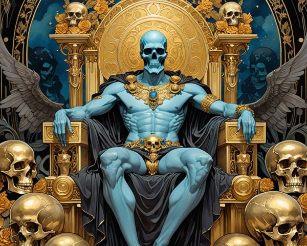 Muscular Blue-Skinned Skeleton on Ornate Throne